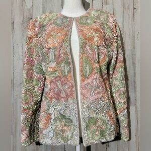 Silk Embroidered Beaded Open Front Jacket Boho Artisan India Pastel Floral
